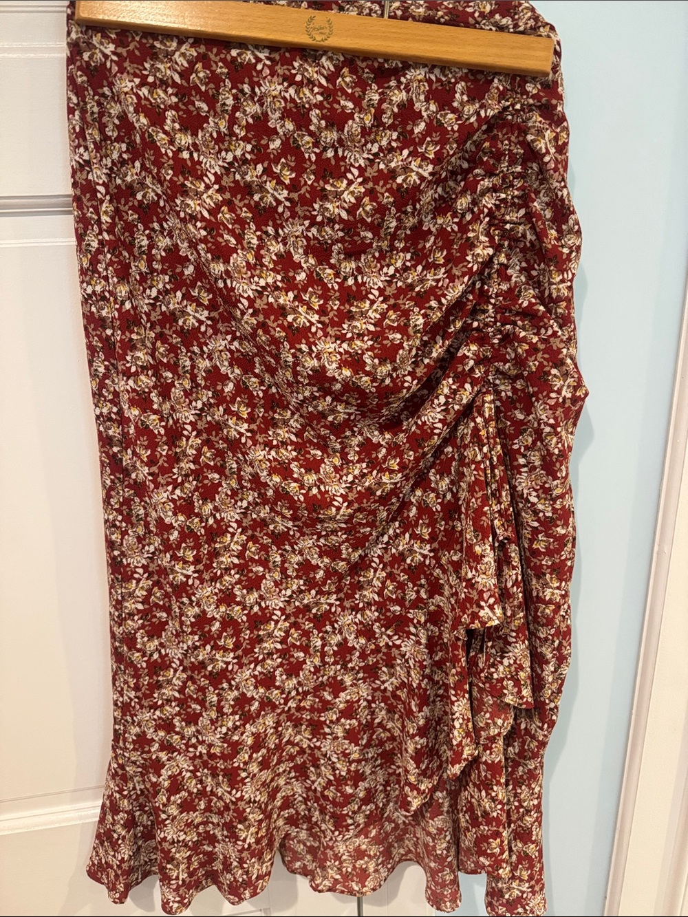 Max Studio Red Maroon Floral Print midi skirt w/ adjustable ties ruching